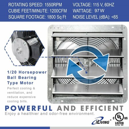 Iliving 16 in. Wall Mounted Shutter Exhaust Fan with Thermostat and Variable Speed controller, 1200 CFM ILG8SF16V-ST